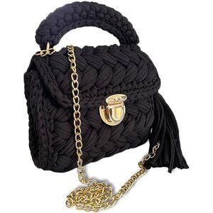 Women's Black Evening Clutch Handmade Crochet Small Formal Flap Crossbody Bag